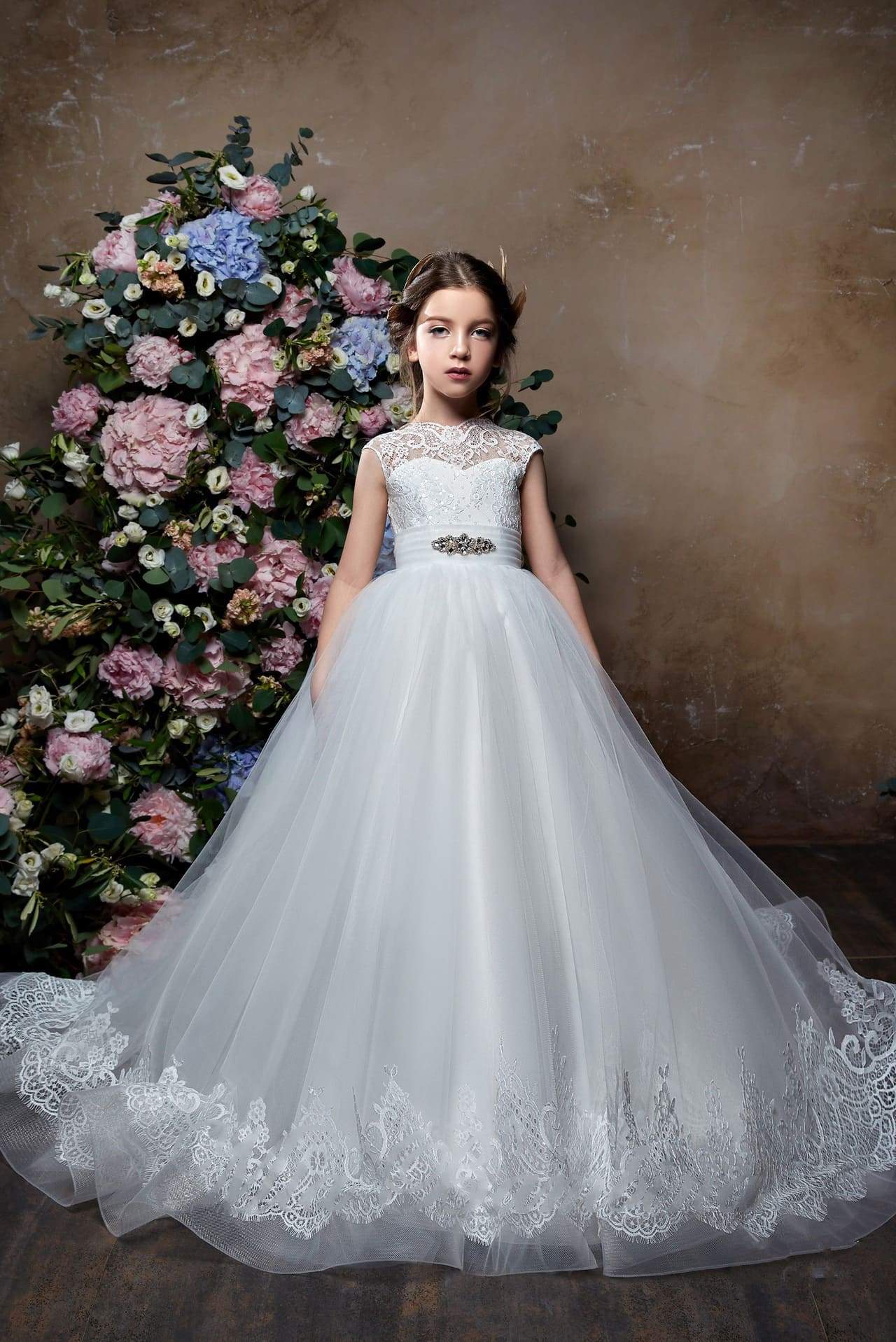 White tulle and lace dress flower girl high quality dress