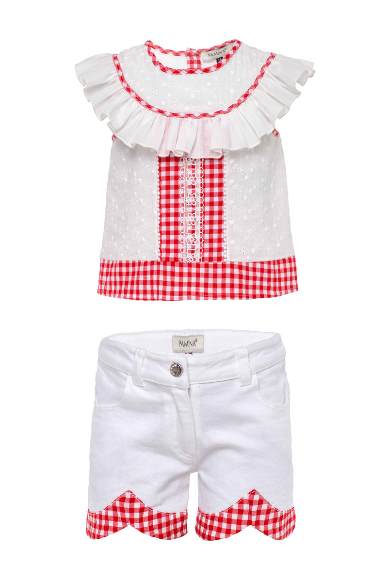 SALE Girls White and Red Gingham Ruffle Short Set in Sizes 2T-6