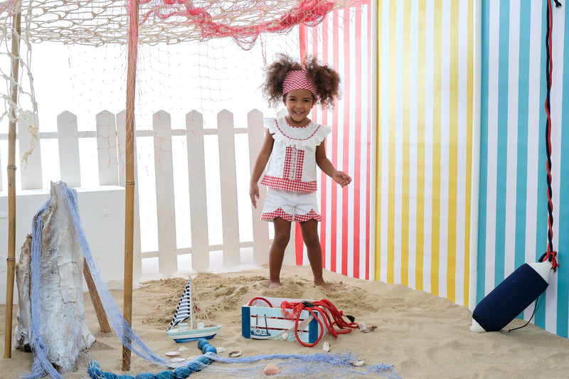 SALE Girls White and Red Gingham Ruffle Short Set in Sizes 2T-6