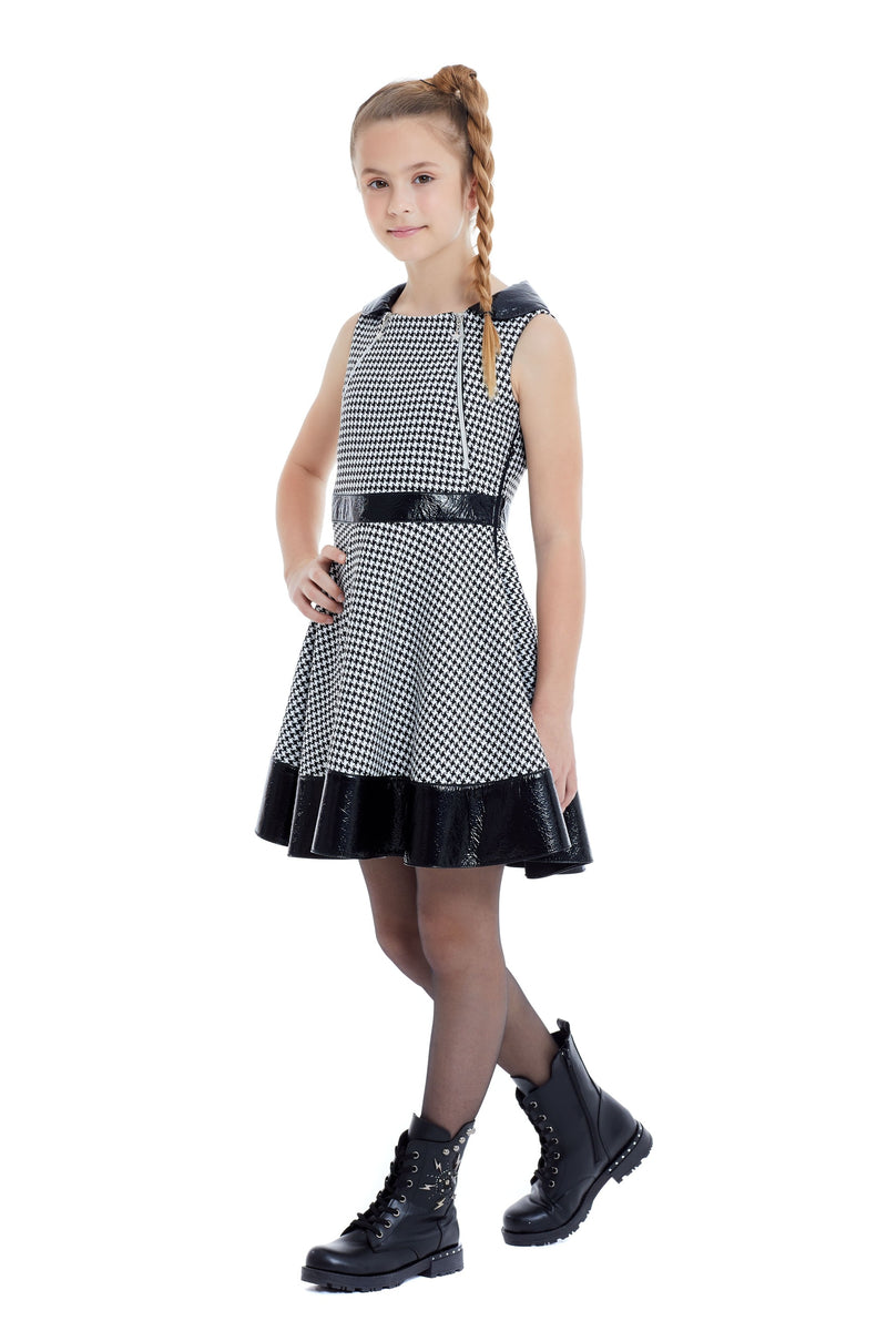 Teen Girl Houndstooth Dress with Leatherette belt by Mia Bambina Boutique Canada