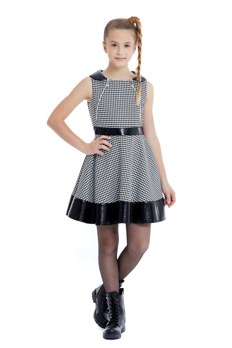 Teen Girl Houndstooth Dress with Leatherette belt by Mia Bambina Boutique Canada