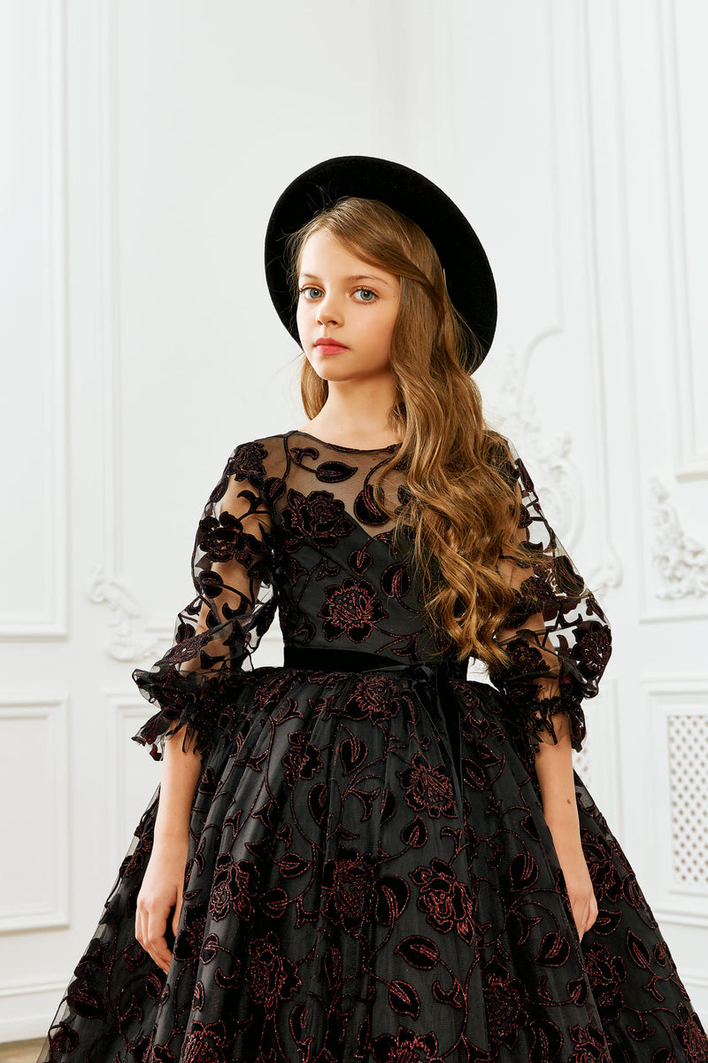 Amazing Flocked Rose Print Princess Dress for Little Girls