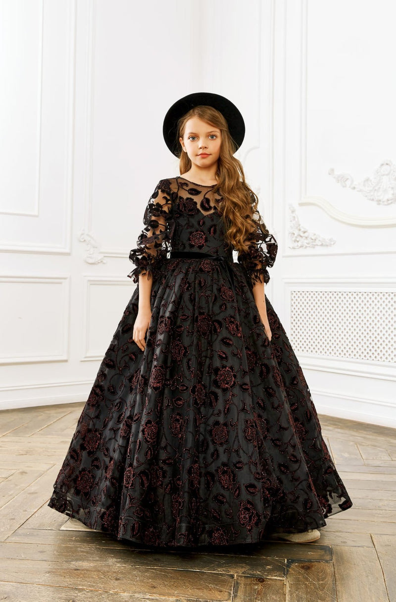 Amazing Flocked Rose Print Princess Dress for Little Girls