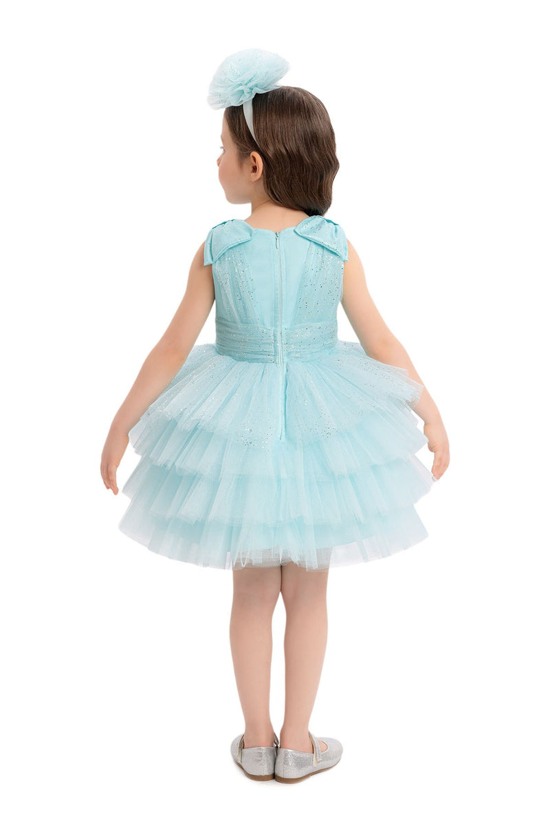 Aqua Blue Toddler Dress with Bow Shoulders for Special Occasions by Mia Bambina Boutique Canada