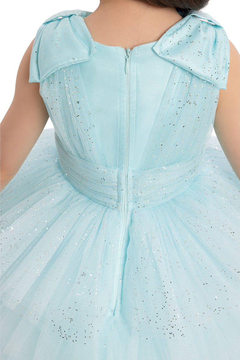 Aqua Blue Toddler Dress with Bow Shoulders for Special Occasions by Mia Bambina Boutique Canada