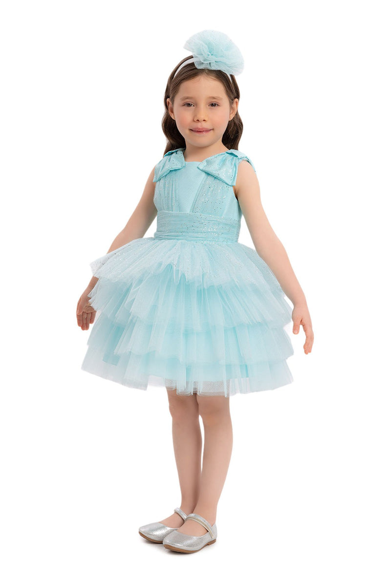 Aqua Blue Toddler Dress with Bow Shoulders for Special Occasions by Mia Bambina Boutique Canada