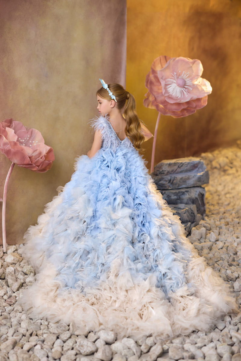 Azure Dream Feather Gown with ombre ruffled skirt