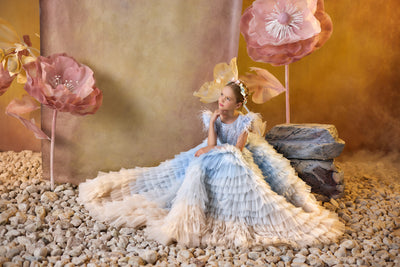 Azure Dream Feather Gown baby blue and champagne ombre dress