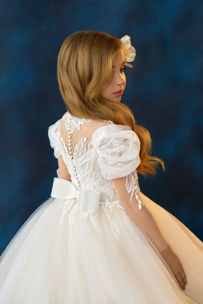 Blessing Communion Gown with pearl button down closure and waistline bow