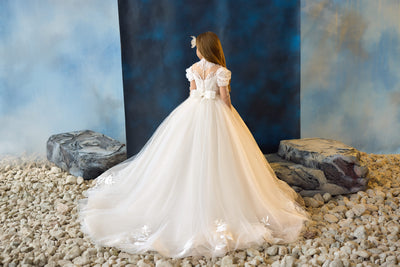 Blessing Communion Gown long round train with floral lace motifs all over the hem