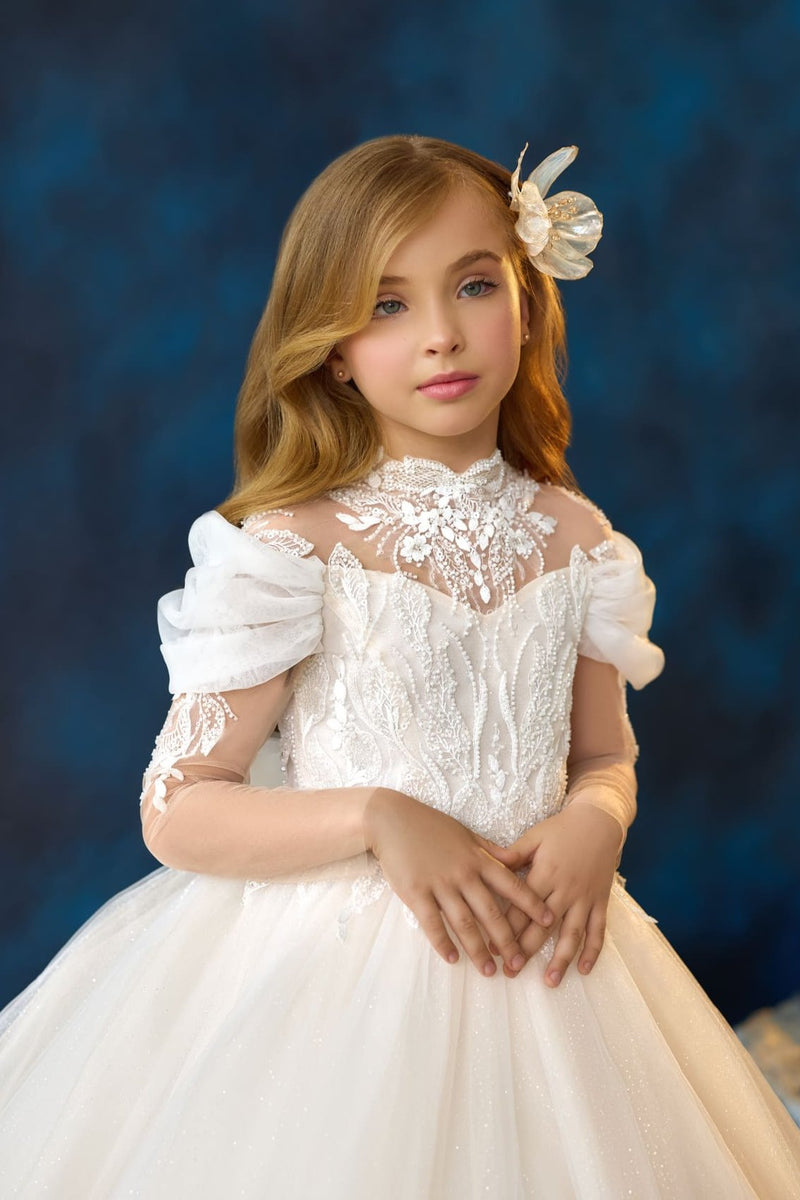 Blessing Communion Gown illusion neckline with embroidery lace and long sleeves 