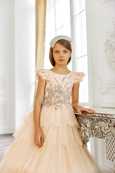 Blush Junior Bridesmaids Gown with Floral Embroidery by Mia Bambina Boutique Canada