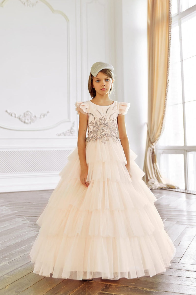 Blush Junior Bridesmaids Gown with Floral Embroidery by Mia Bambina Boutique Canada