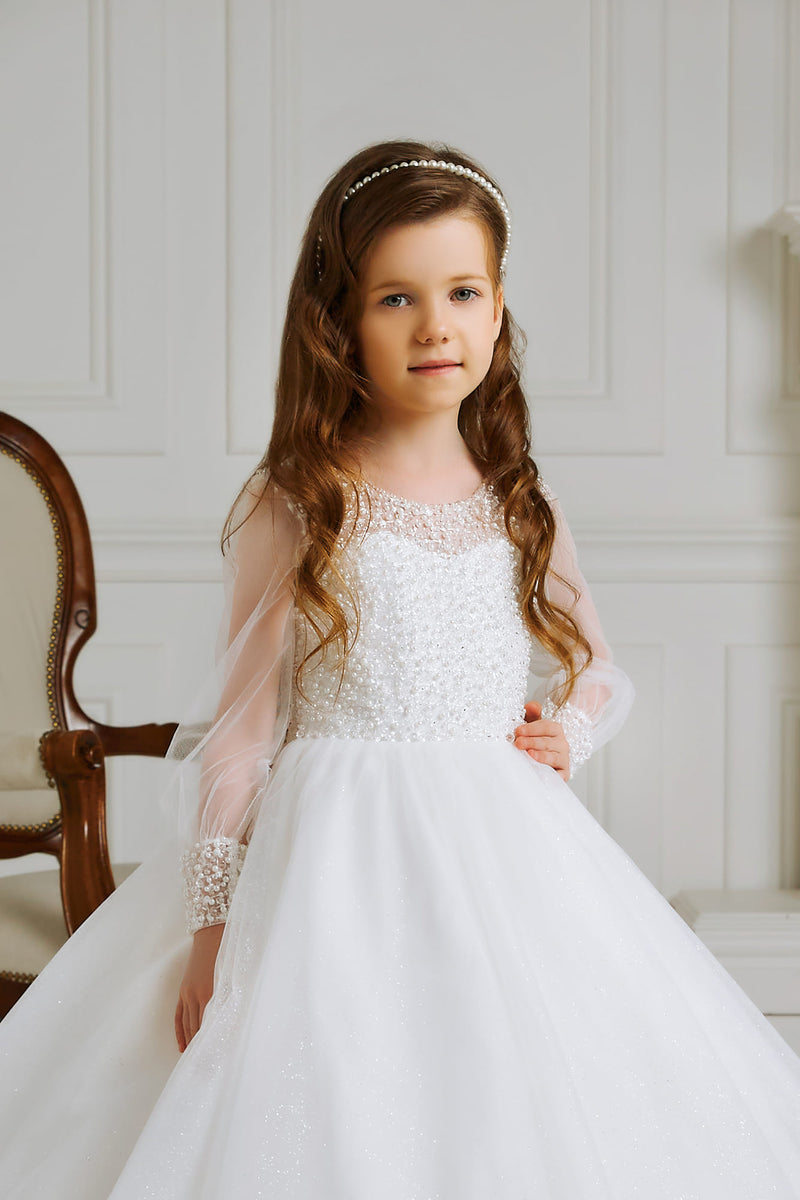 Charming White Tulle Dress for Communion with Long Sleeves by Mia Bambina Boutique Canada