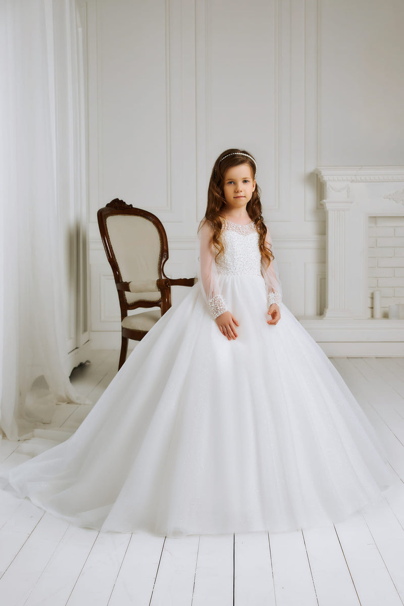 Charming White Tulle Dress for Communion with Long Sleeves by Mia Bambina Boutique Canada