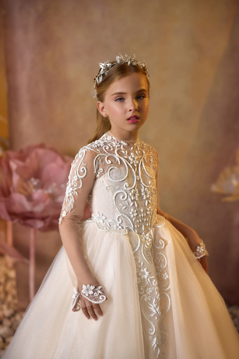 Classic Elegance Communion Gown with Lace embroidery over the illusion neckline and long sleeves