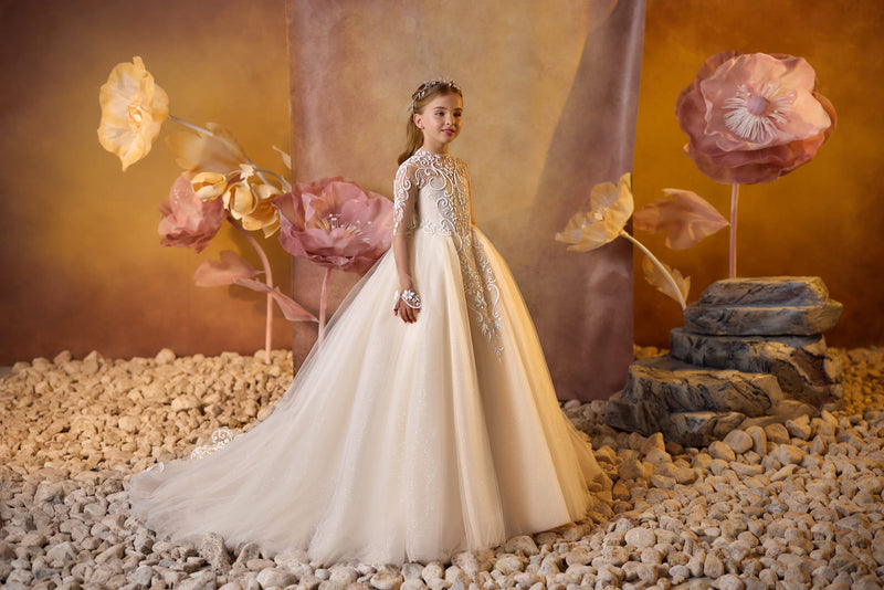 Classic Elegance Communion Gown in Blush tulle and ivory embroidery lace details over the bodice and sleeves