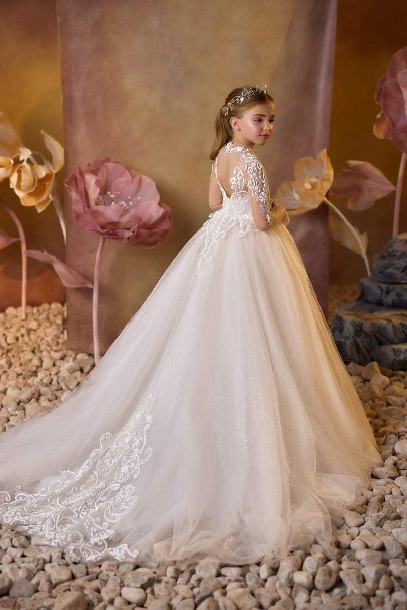 Classic Elegance Communion Gown with keyhole open back and lace detailed train in white tulle fabric