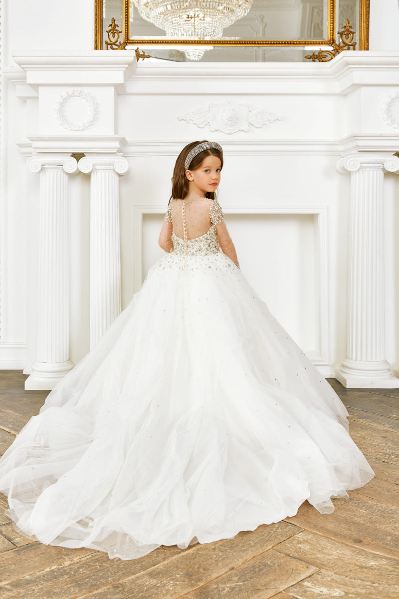 Flower Girl Dresses: DIAMOND FLOWER GIRL DRESS WITH RHINESTONES AND BEADS - Mia Bambina Boutique