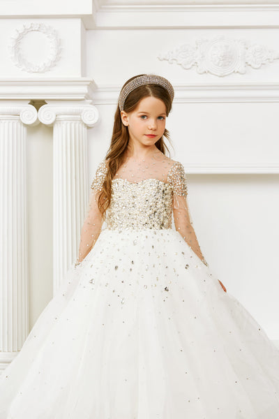 Flower Girl Dresses: DIAMOND FLOWER GIRL DRESS WITH RHINESTONES AND BEADS - Mia Bambina Boutique