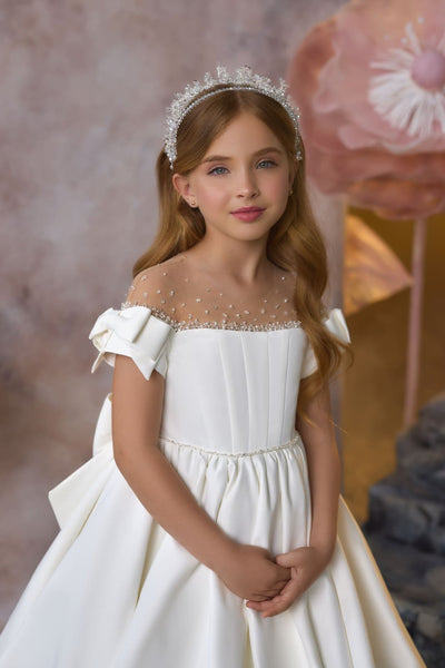 Darling Divine Communion Gown with illusion neckline embellished with crystal beads