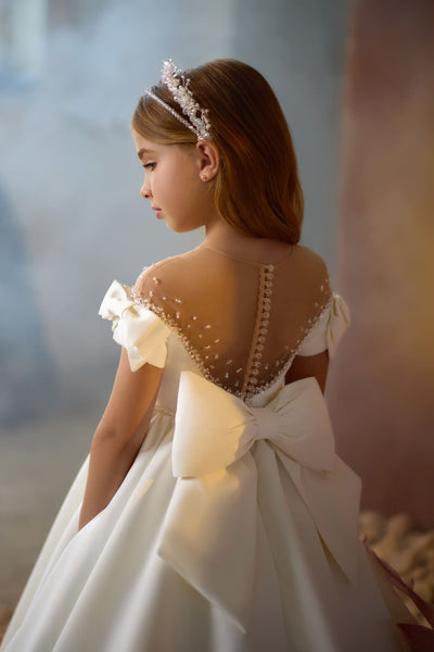 Darling Divine Communion Gown Illusion back neckline with crystal button down closure and waistline bow