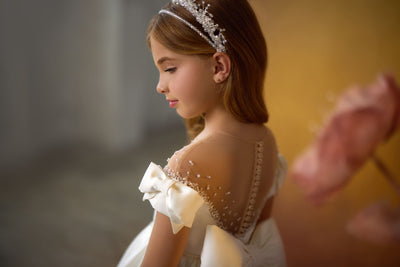 Darling Divine Communion Gown hand beading detail on illusion neckline