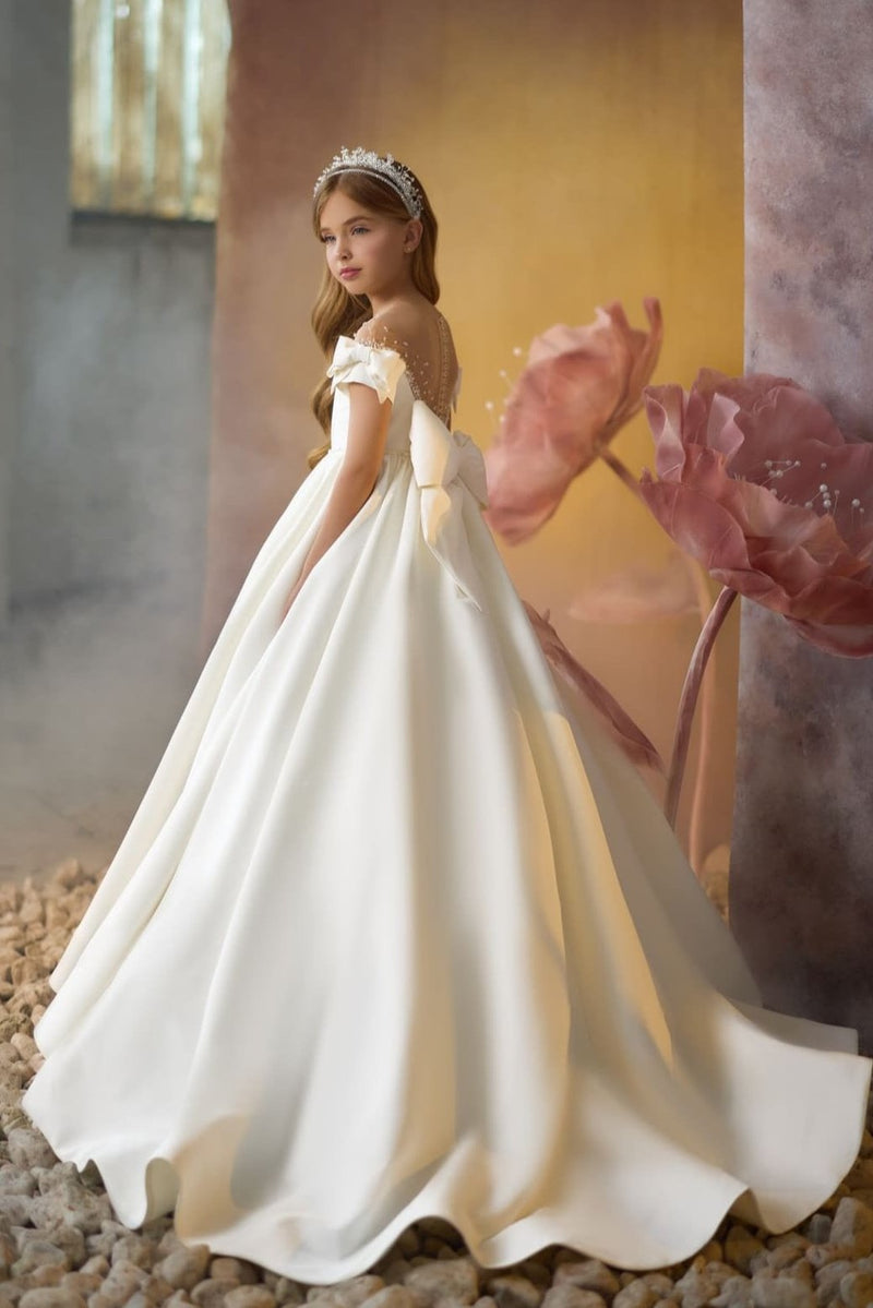 Darling Divine Communion Gown in Ivory satin with bow detail on the sleeves