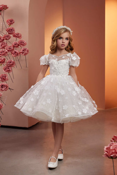 Elegant White Flower-Embellished Dress with Sparkling Accents by Mia Bambina Boutique Canada