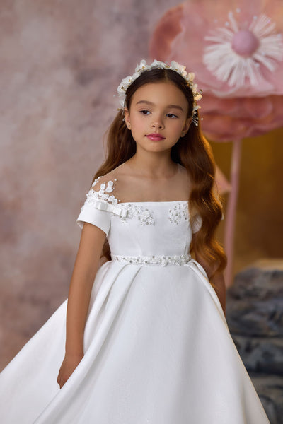 Eternal Commitment Communion Gown illusion neckline with flowers and bow details