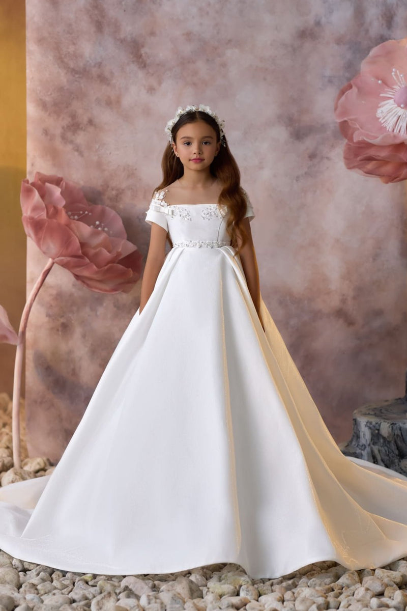 Eternal Commitment Communion Gown long classic satin dress with illusion neckline