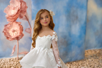 Faith & Flowers Communion Dress in Ivory with flower detail on illusion neckline