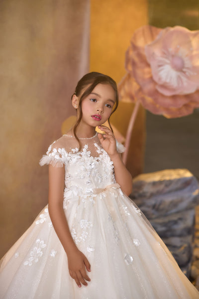 Faith’s Promise Communion Gown with delicate illusion neckline and ruffled short sleeves