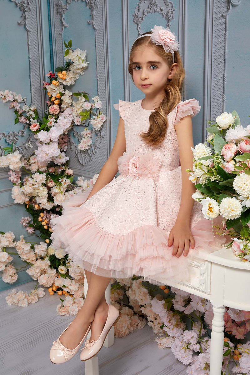 Girls Lace and Tulle Tutu Dress with Ruffles in Pink by Mia Bambina Boutique