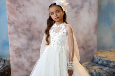 Grace Communion Dress with high neck illusion neckline and puff long sleeves