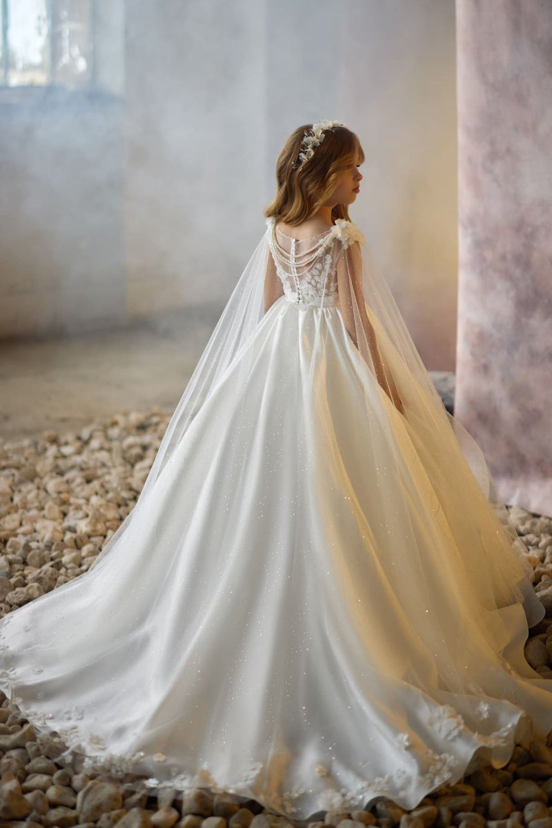 Grace of the Divine Communion Gown long satin and lace dress with a cape