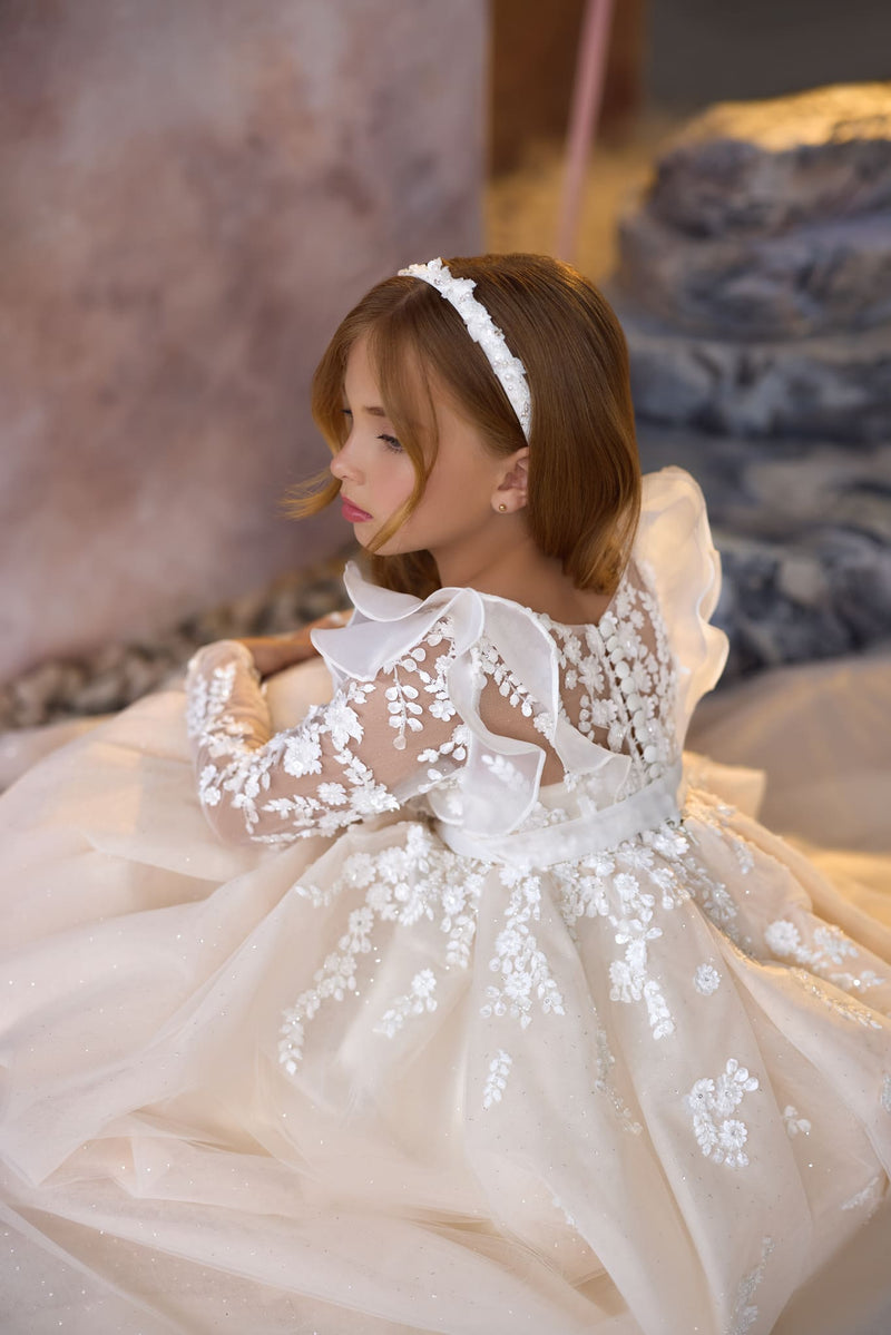 Heavenly Grace Communion Gown with ruffled shoulders