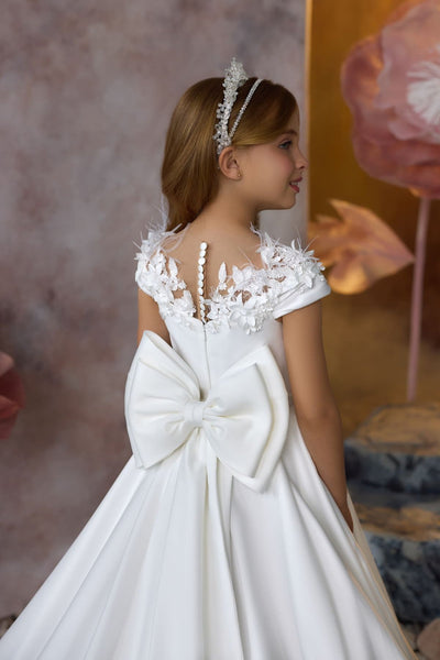 Heavenly Petals Communion Gown back neckline flower details with button down closure and a waistline bow