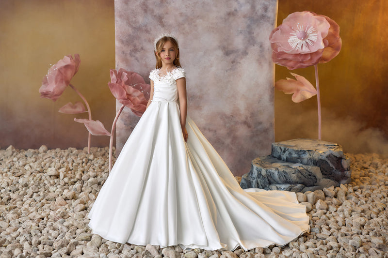 Heavenly Petals Communion Gown long Ivory satin dress with a train