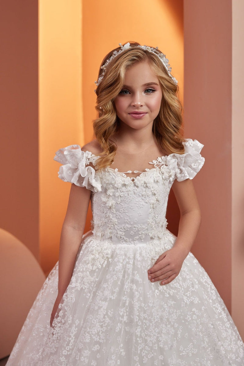 Luxurious Floral Lace Princess Dress with Ruffles and Train by Mia Bambina Boutique Canada