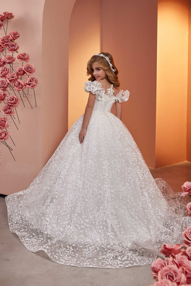 Luxurious Floral Lace Princess Dress with Ruffles and Train by Mia Bambina Boutique Canada