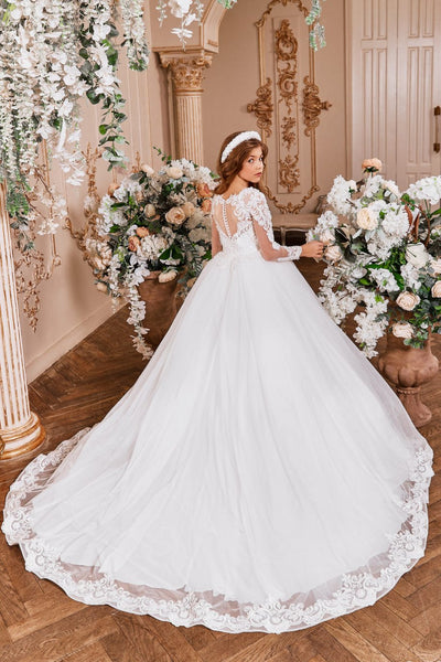 Modena Flower Girl Dress with illusion back whole and long sleeves