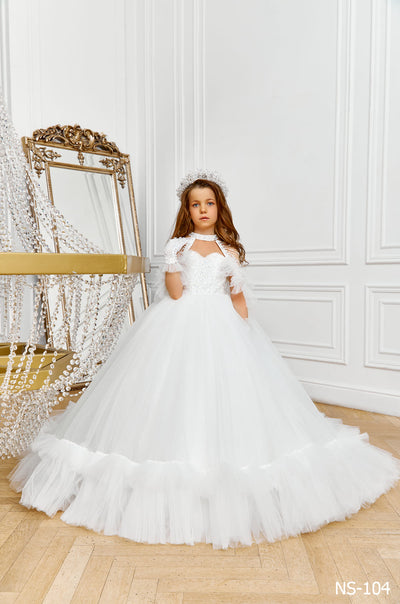 Off the Shoulder Tulle Flower Girl Ball Gown by Mia Bambina Boutique