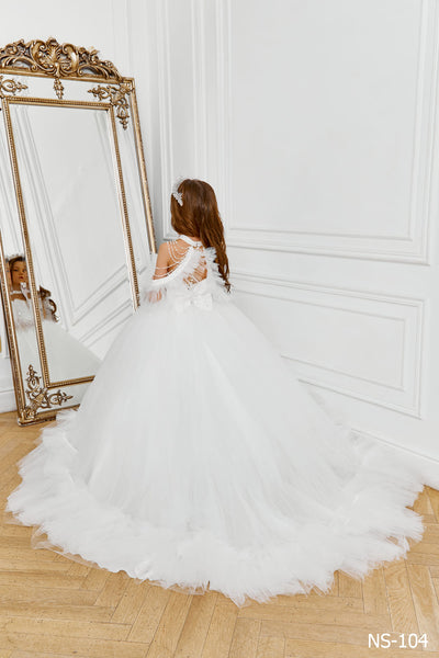 Off the Shoulder Tulle Flower Girl Ball Gown by Mia Bambina Boutique