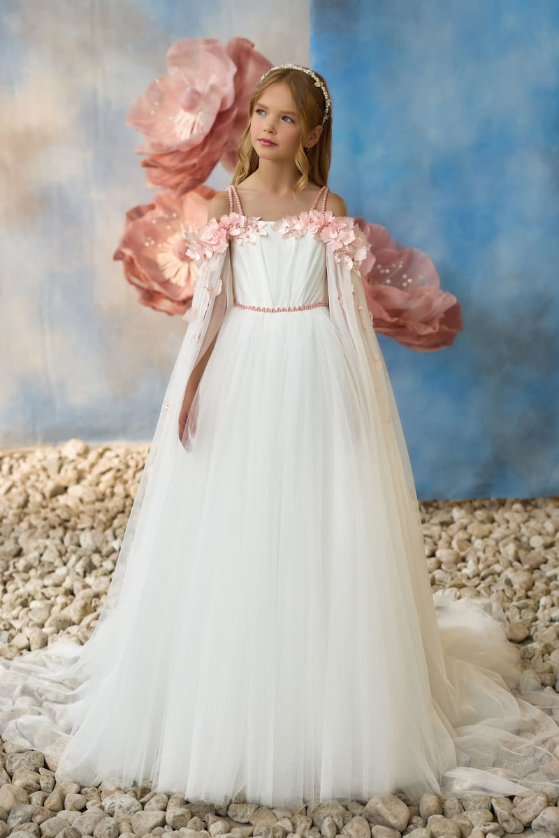 Olympian Blossom Gown long tulle dress with drop down shoulders