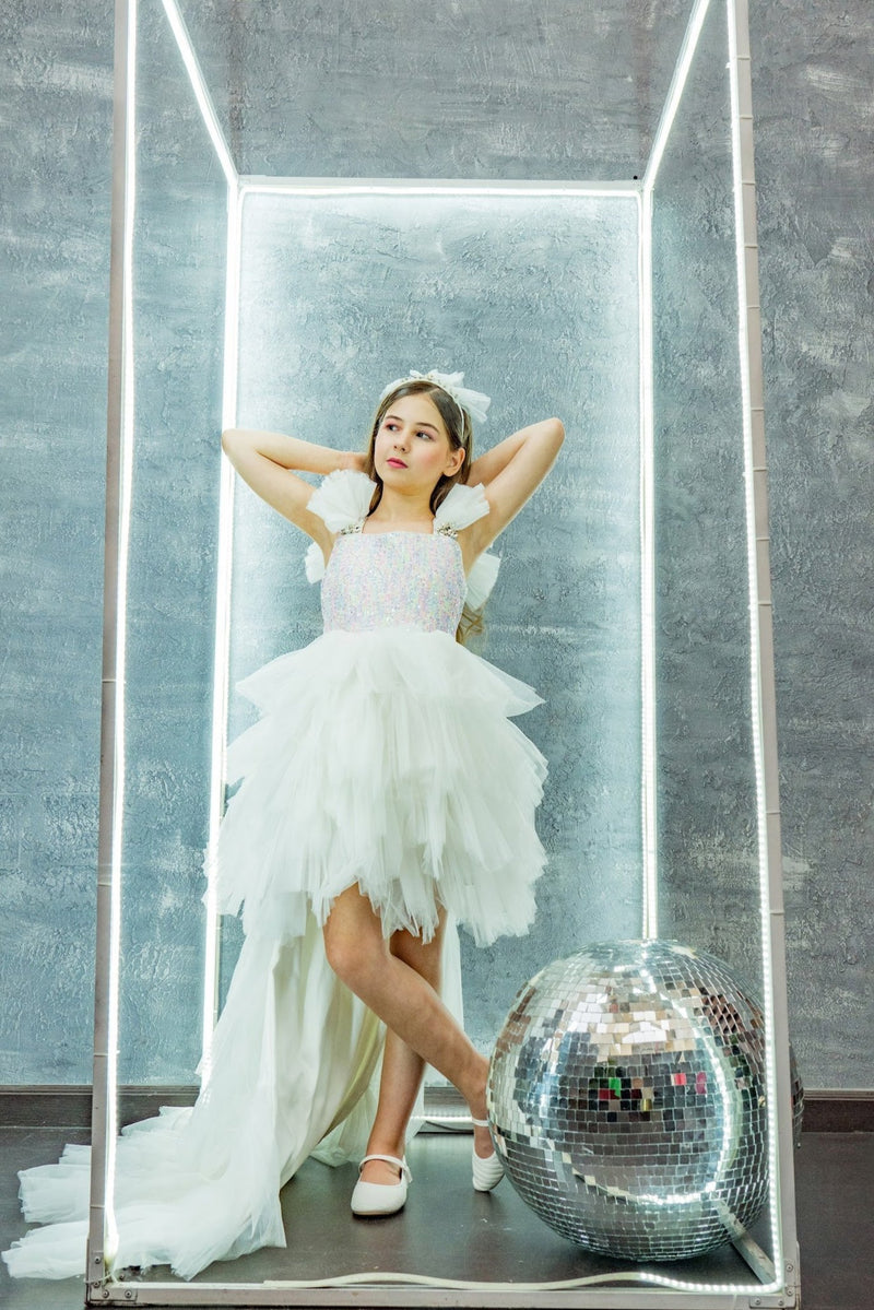 Pearl White Tulle Dress for Teenage Girls with Detachable Train by Mia Bambina Boutique Canada