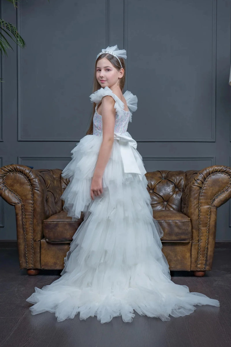 Pearl White Tulle Dress for Teenage Girls with Detachable Train by Mia Bambina Boutique Canada