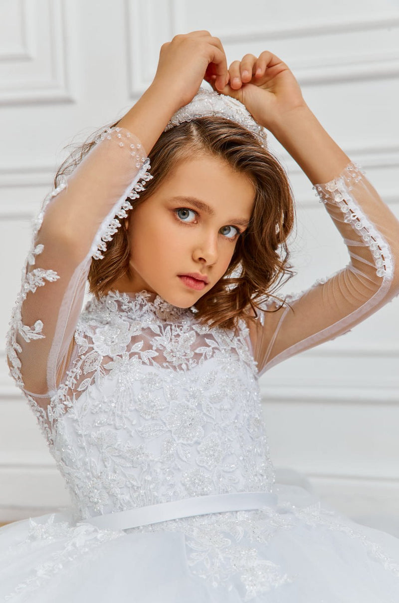 Princess Ball Gown with long Sleeves for Holy First Communion by Mia Bambina Boutique Canada