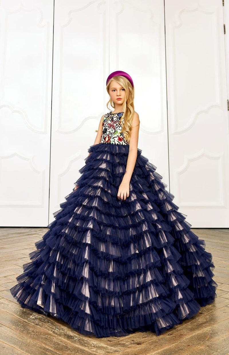 Ruffled Quinceanera Girls Dress in Navy Blue by Mia Bambina Boutique Canada