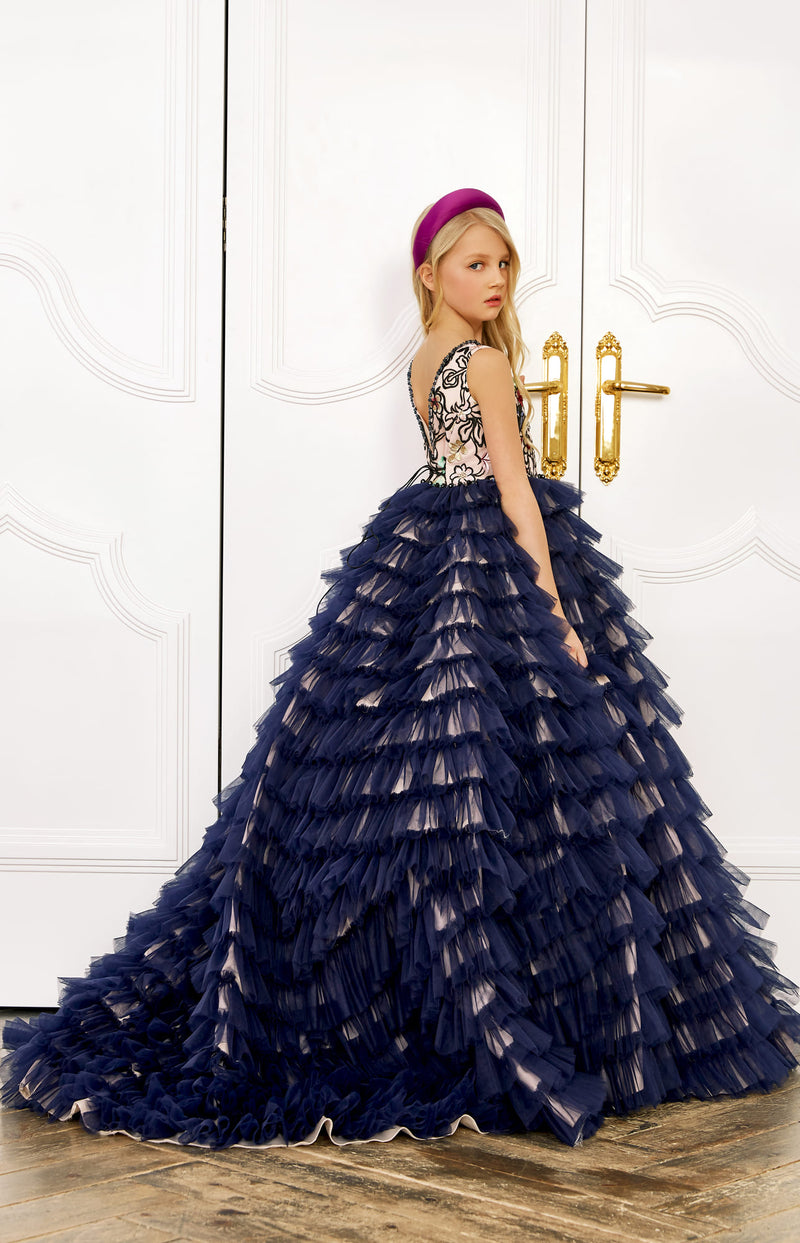 Ruffled Quinceanera Girls Dress in Navy Blue by Mia Bambina Boutique Canada